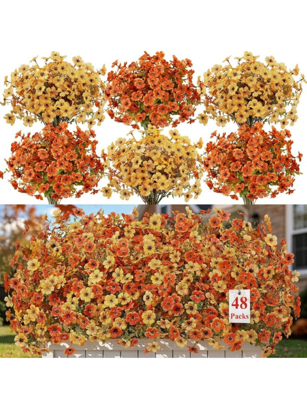 48 Bundles UV Resistant Faux Fall Flowers - Vibrant Mums for Home Decor & Porch